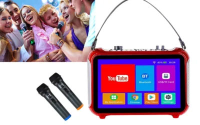 Karaoke párty systém přenosný set – 20W reproduktor + 12" dotykový displej + 2 bluetooth mikrofony